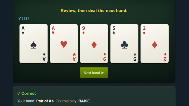 Caribbean Stud Poker trainer grading a raise on a pair of aces