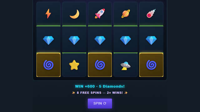 Cosmic Reels slot — five neon symbols on a payline with a free-spins banner