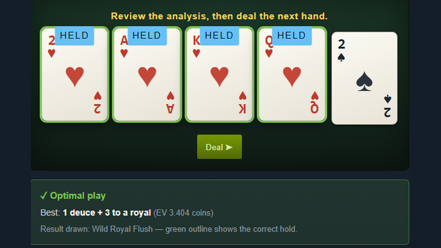 Deuces Wild video poker trainer showing a wild royal draw