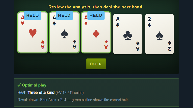 Double Double Bonus trainer drawing four aces with a kicker