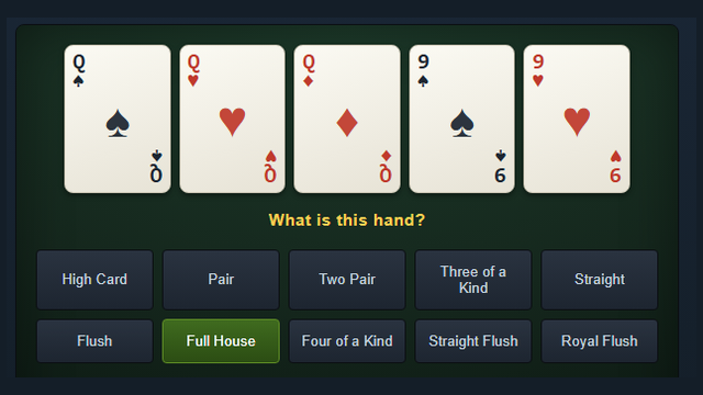 Poker Hand Trainer asking the player to name a five-card hand
