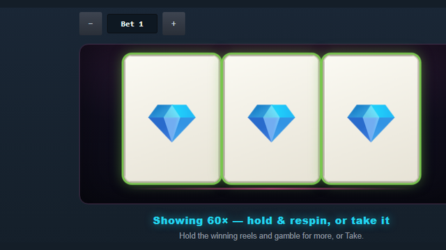 Neon Bars slot — three diamonds on the payline with hold-and-respin controls