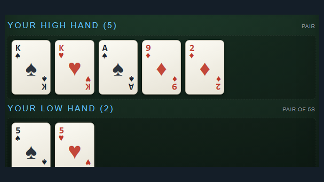 Pai Gow Poker hand split into a five-card high hand and two-card low hand