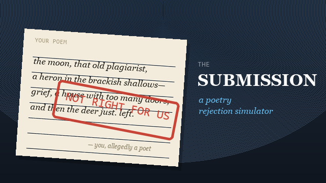 The Submission — a poem on paper facing an editor's desk and a rejection slip
