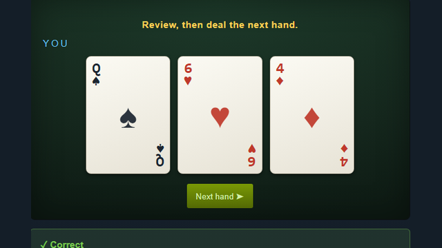 Three Card Poker trainer showing the Queen-6-4 play decision