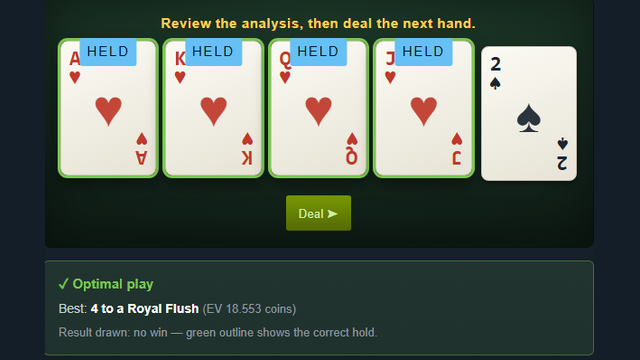 Jacks or Better video poker trainer highlighting the optimal hold